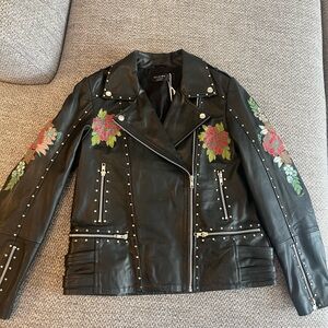 Religion London Black Leather Jacket with Floral Embroidery and Studs